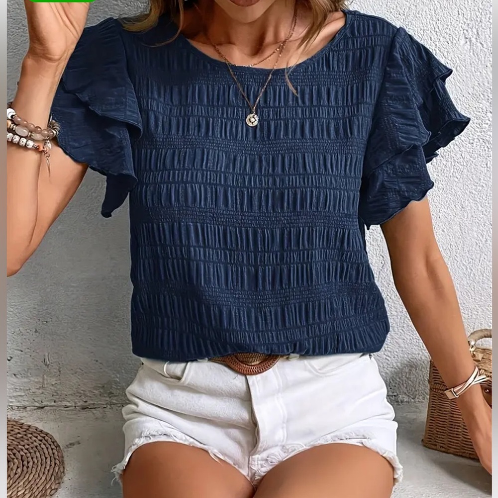 Elegant All-Season Crew Neck Blouse with Timeless Ruffle Detail